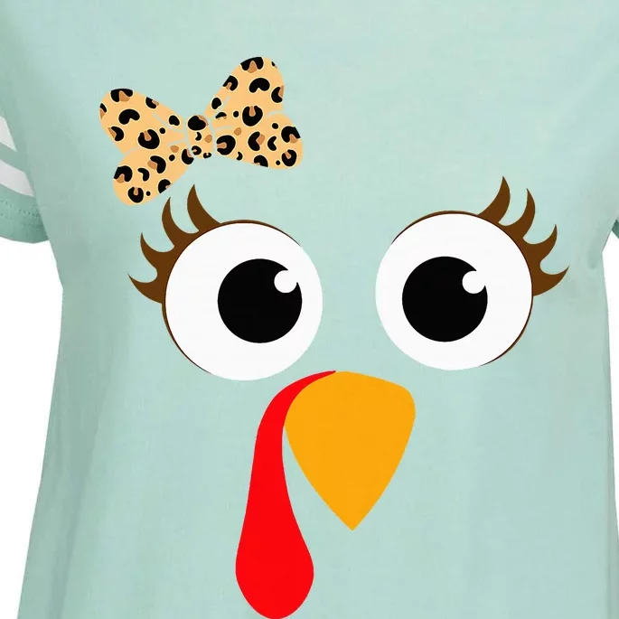 Turkey Face Girl Leopard Bow Thanksgiving Turkey Enza Ladies Jersey Football T-Shirt