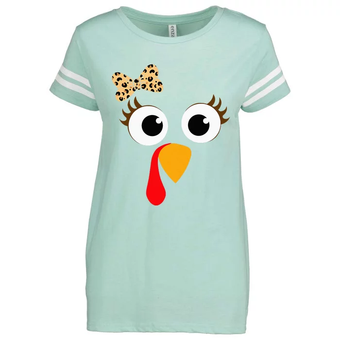 Turkey Face Girl Leopard Bow Thanksgiving Turkey Enza Ladies Jersey Football T-Shirt