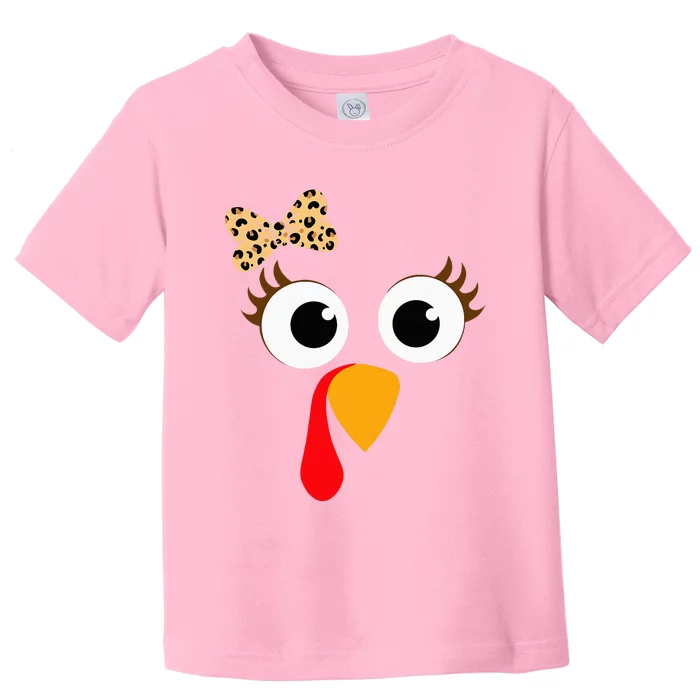 Turkey Face Girl Leopard Bow Thanksgiving Turkey Toddler T-Shirt