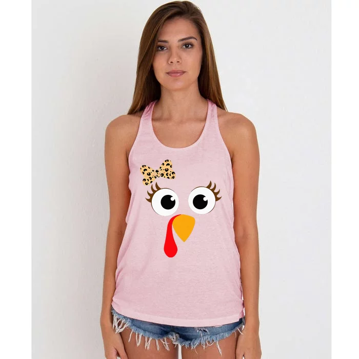 Turkey Face Girl Leopard Bow Thanksgiving Turkey Women's Knotted Racerback Tank