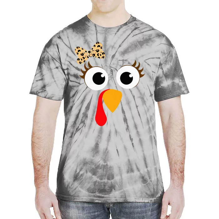 Turkey Face Girl Leopard Bow Thanksgiving Turkey Tie-Dye T-Shirt