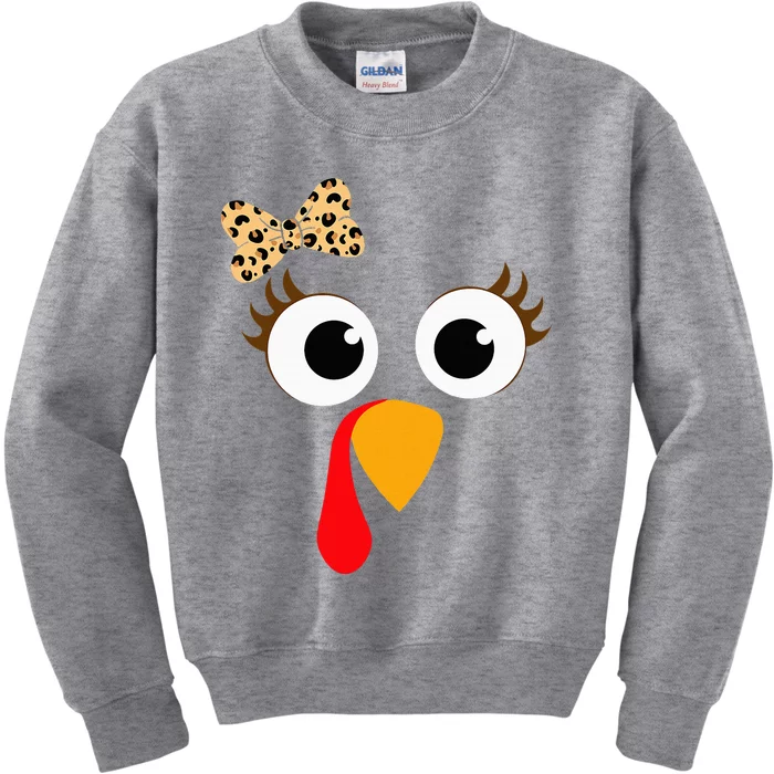 Turkey Face Girl Leopard Bow Thanksgiving Turkey Kids Sweatshirt