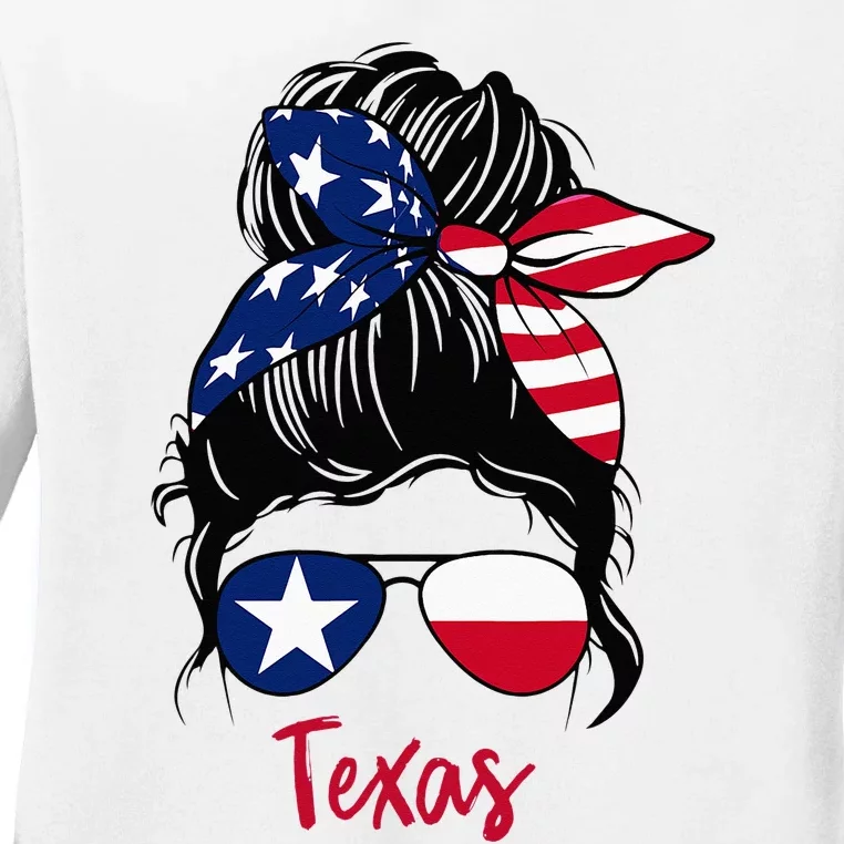 Texas Flag Girl Texas Flag State Girlfriend Messy Bun Ladies Long Sleeve Shirt