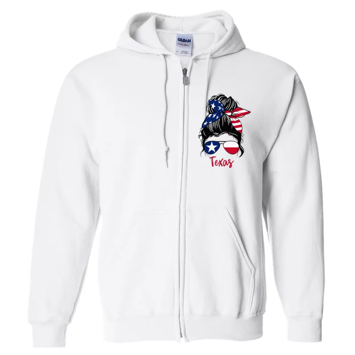 Texas Flag Girl Texas Flag State Girlfriend Messy Bun Full Zip Hoodie