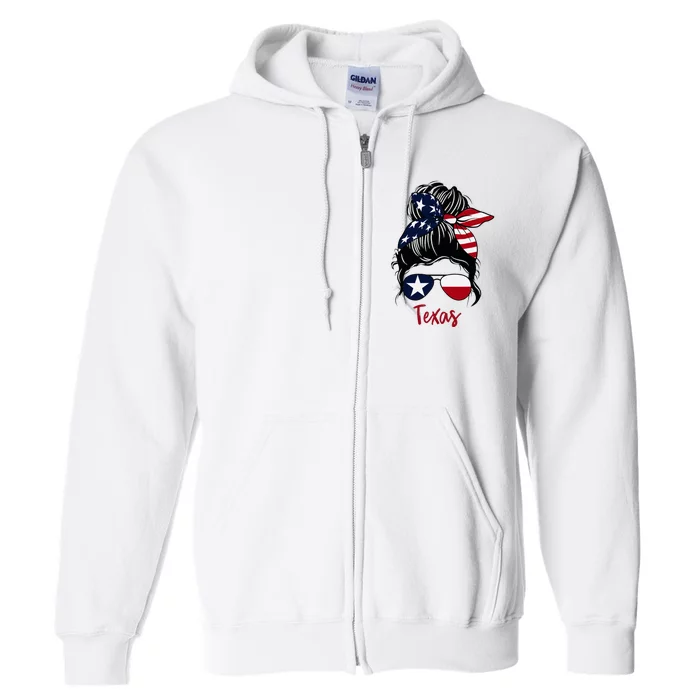 Texas Flag Girl Texas Flag State Girlfriend Messy Bun Full Zip Hoodie