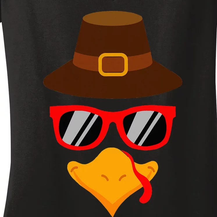 Turkey Face Glasses Thanksgiving Women's V-Neck T-Shirt