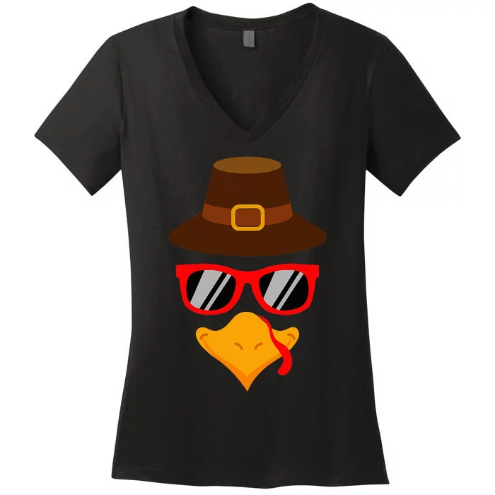 Turkey Face Glasses Thanksgiving Women's V-Neck T-Shirt