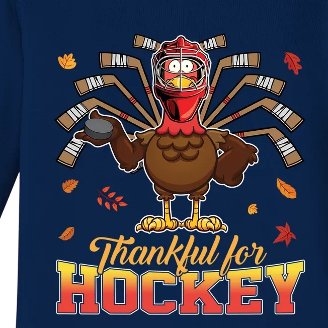 Thankful For Hockey Funny Turkey Thanksgiving Hockey Lover Gift Baby Long Sleeve Bodysuit