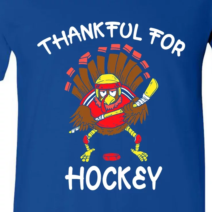 Thankful For Hockey Thanksgiving Funny Turkey Playing Hockey V-Neck T-Shirt