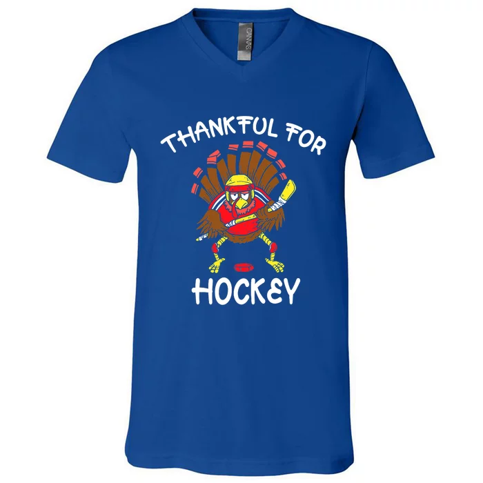 Thankful For Hockey Thanksgiving Funny Turkey Playing Hockey V-Neck T-Shirt