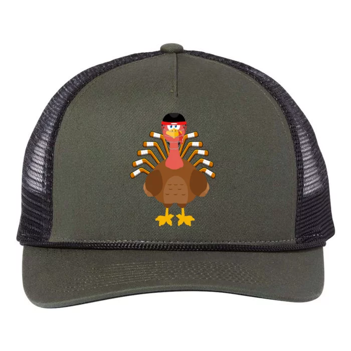 Thankful For Hockey Thanksgiving Funny Turkey Ice Hockey Gift Retro Rope Trucker Hat Cap