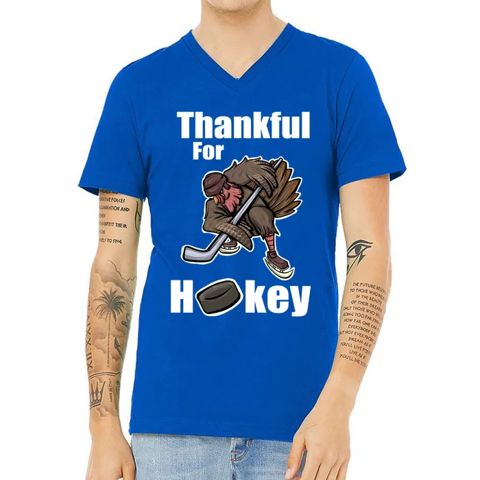 Thankful For Hockey Turkey Thanksgiving Hockey Great Gift V-Neck T-Shirt