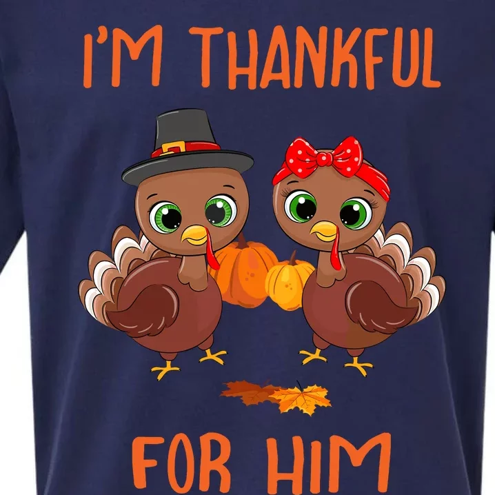 Thankful For Him Matching Thanksgiving Couple From Wife & Gf Sueded Cloud Jersey T-Shirt