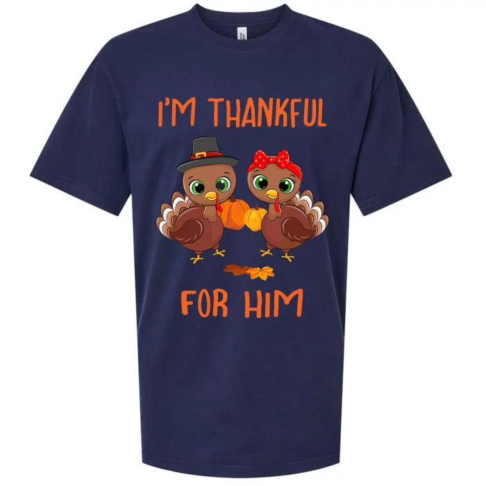 Thankful For Him Matching Thanksgiving Couple From Wife & Gf Sueded Cloud Jersey T-Shirt