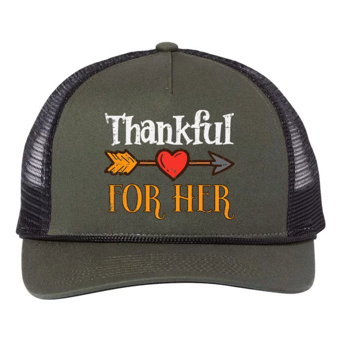 Thankful For Her Arrow Thanksgiving Matching Couple Retro Rope Trucker Hat Cap