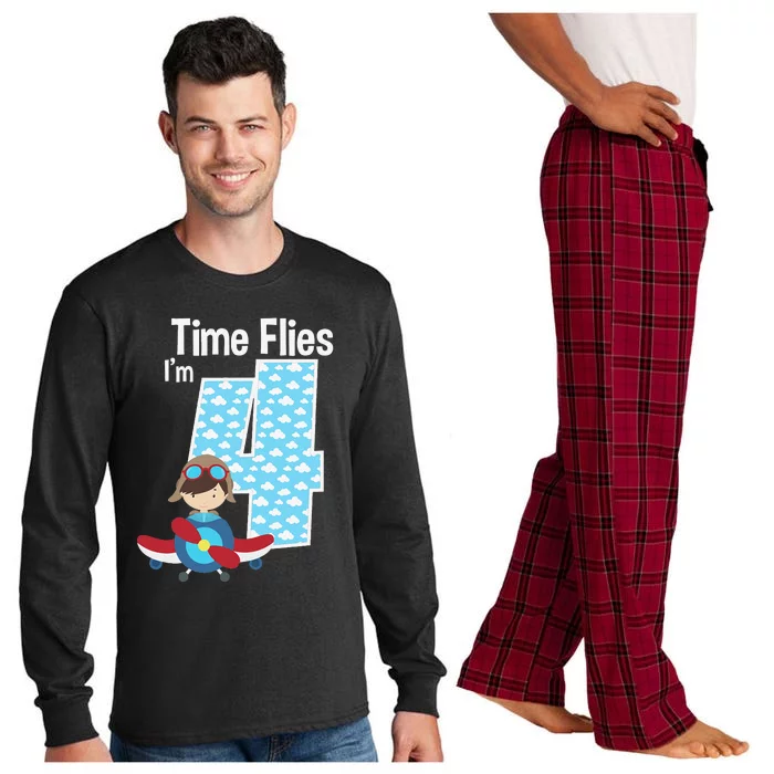 Time Flies I'm 4 4th Birthday Airplane Plane Pilot Flying Long Sleeve Pajama Set