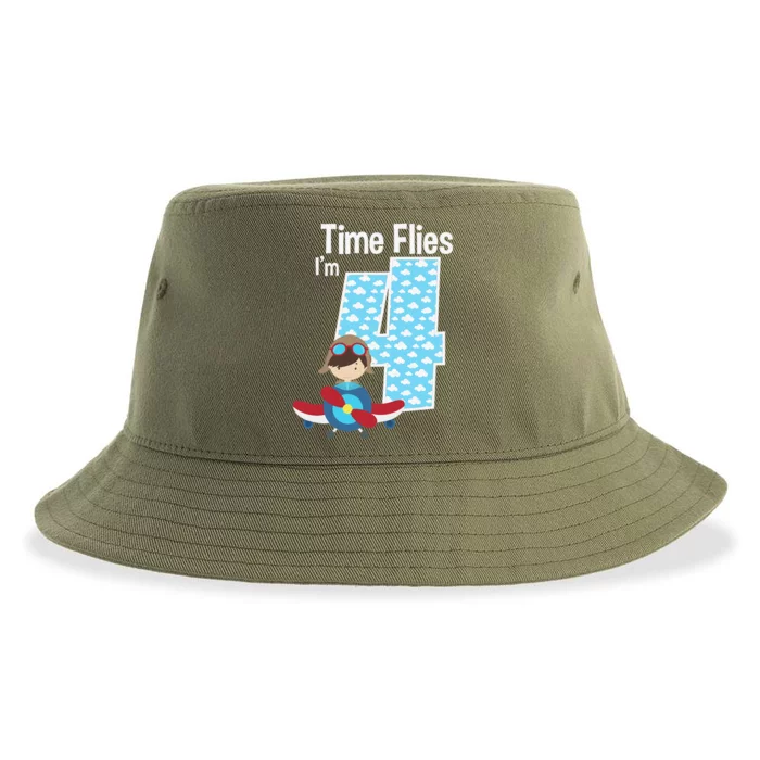 Time Flies I'm 4 4th Birthday Airplane Plane Pilot Flying Sustainable Bucket Hat