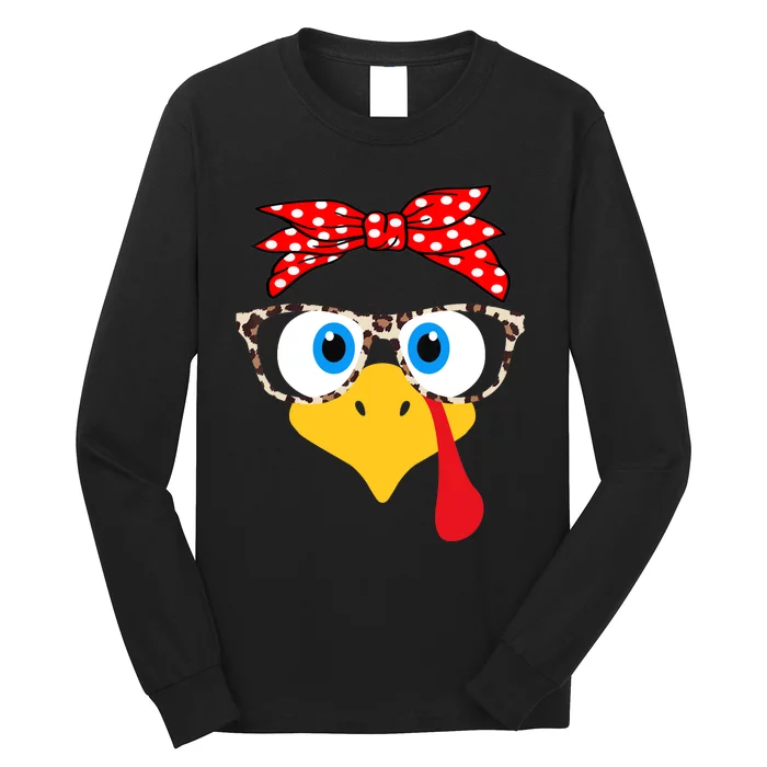 Turkey Face Leopard Print Glasses Thanksgiving Wo Girl Long Sleeve Shirt