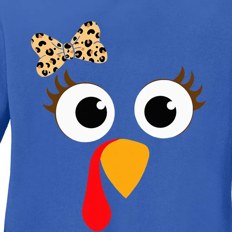 Turkey Face Leopard Bow Thanksgiving Costume Turkey Ladies Long Sleeve Shirt