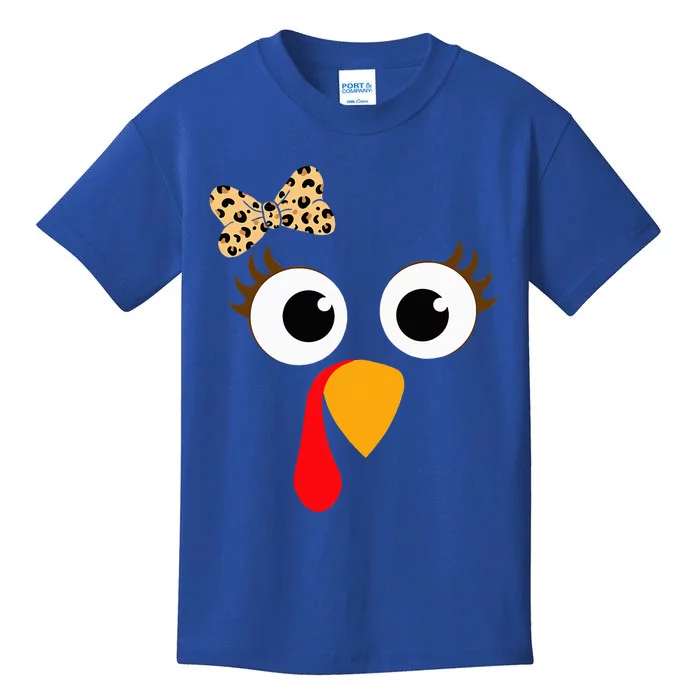 Turkey Face Leopard Bow Thanksgiving Costume Turkey Kids T-Shirt