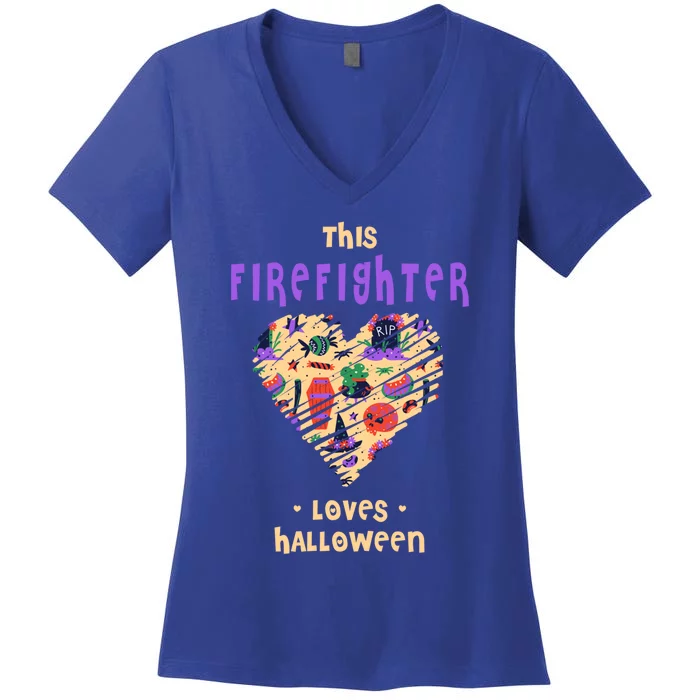 This Firefighter Loves Halloween Fire Witch Fire Marshal Funny Gift Women's V-Neck T-Shirt