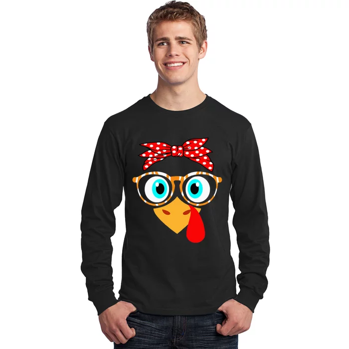 Turkey Face Leopard Print Glasses Thanksgiving Long Sleeve Shirt