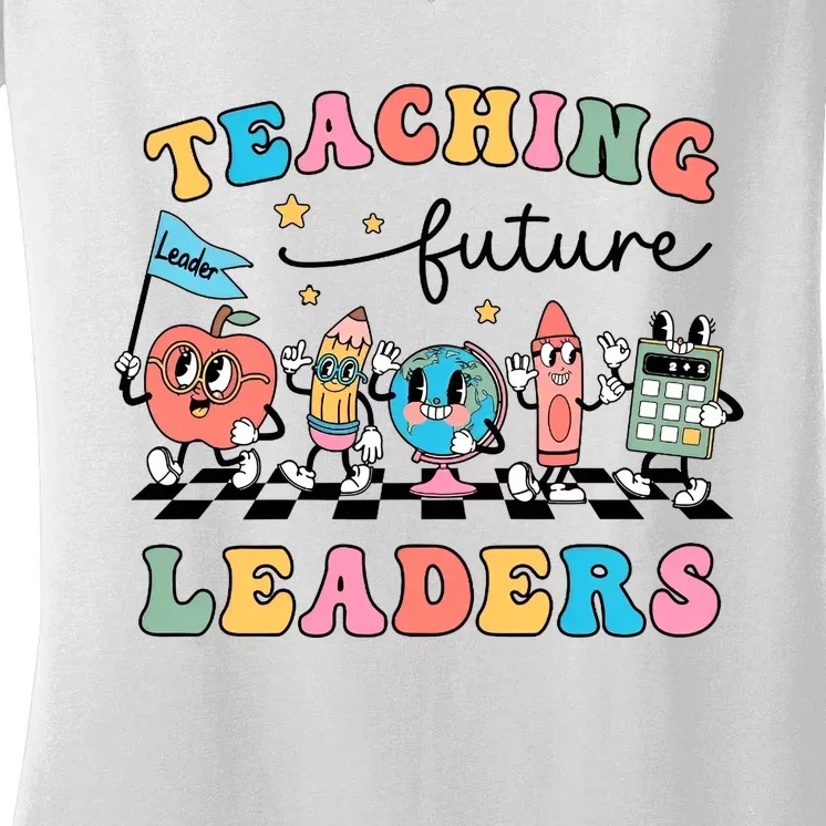 Teaching Future Leaders Back To School Kindergarten Teacher Groovy Women's V-Neck T-Shirt