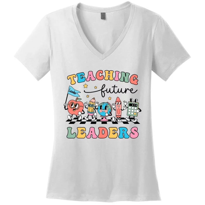 Teaching Future Leaders Back To School Kindergarten Teacher Groovy Women's V-Neck T-Shirt