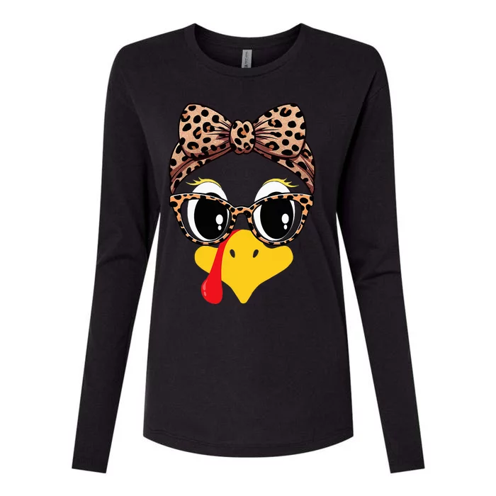 Turkey Face Leopard Print Glasses and Headband Thanksgiving Womens Cotton Relaxed Long Sleeve T-Shirt