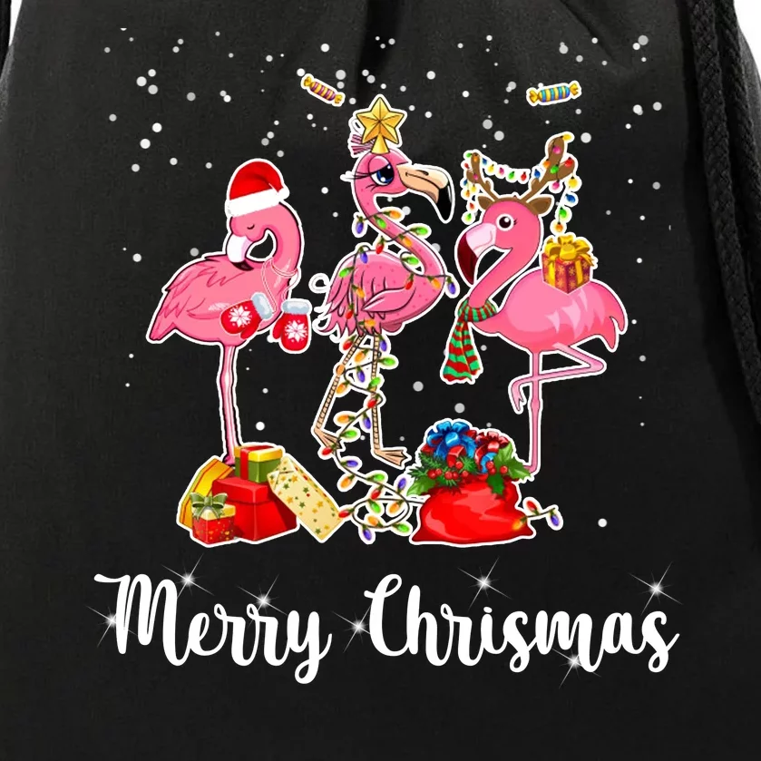 Three Flamingos Merry Christmas Drawstring Bag