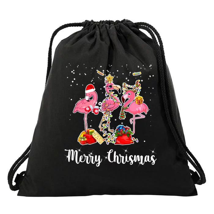 Three Flamingos Merry Christmas Drawstring Bag