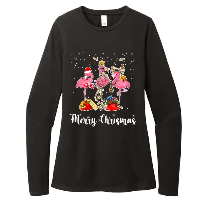 Three Flamingos Merry Christmas Womens CVC Long Sleeve Shirt