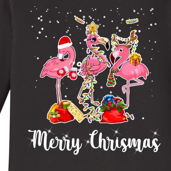 Three Flamingos Merry Christmas Baby Long Sleeve Bodysuit