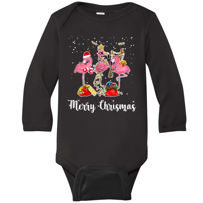 Three Flamingos Merry Christmas Baby Long Sleeve Bodysuit