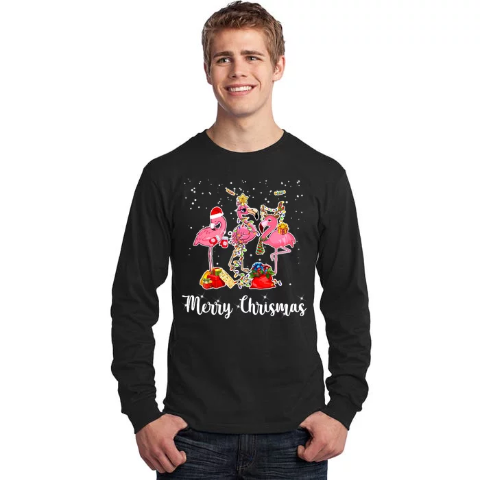 Three Flamingos Merry Christmas Tall Long Sleeve T-Shirt