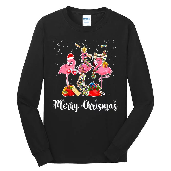 Three Flamingos Merry Christmas Tall Long Sleeve T-Shirt