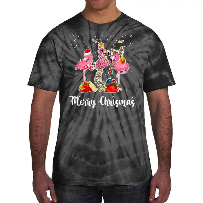 Three Flamingos Merry Christmas Tie-Dye T-Shirt