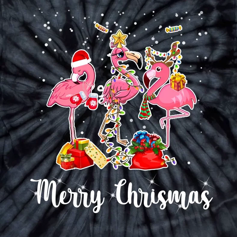 Three Flamingos Merry Christmas Tie-Dye T-Shirt