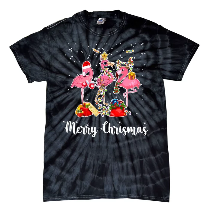 Three Flamingos Merry Christmas Tie-Dye T-Shirt