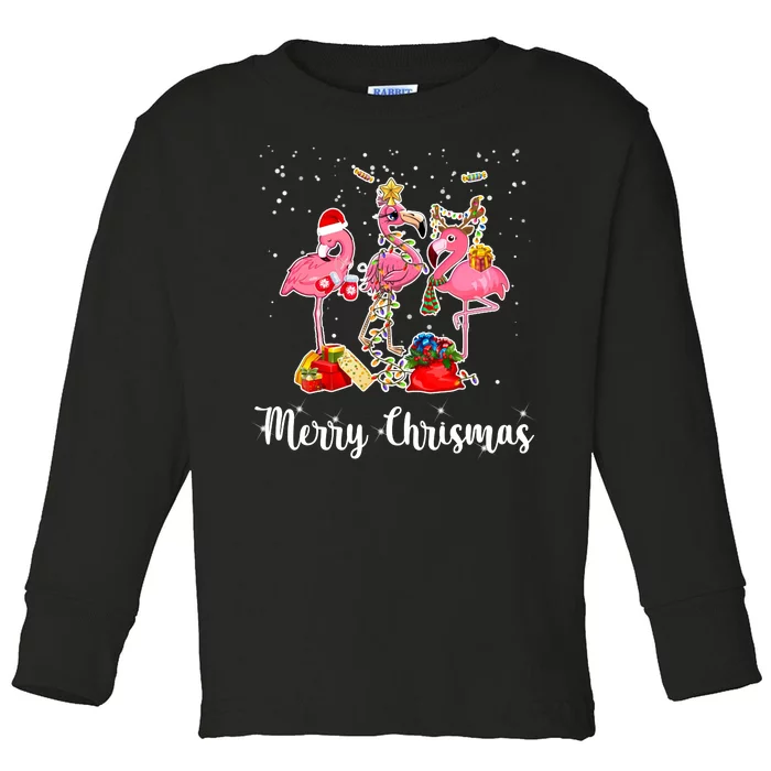 Three Flamingos Merry Christmas Toddler Long Sleeve Shirt