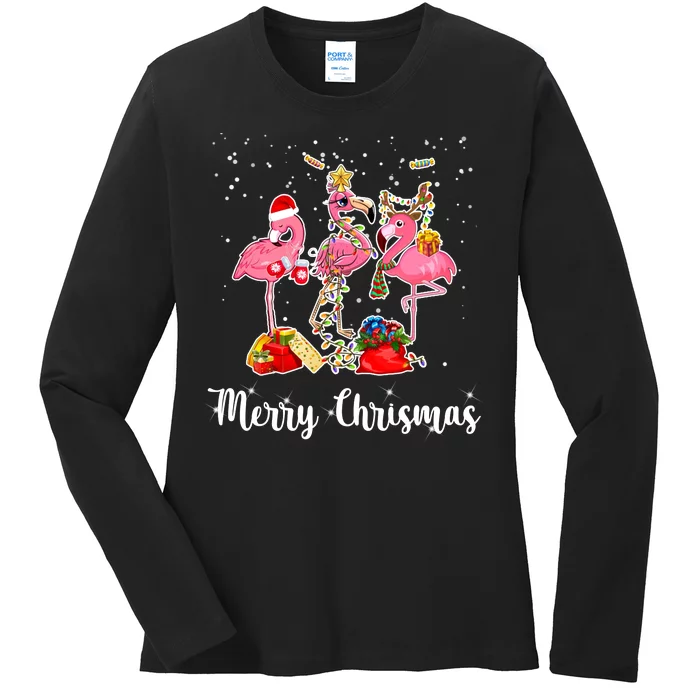 Three Flamingos Merry Christmas Ladies Long Sleeve Shirt