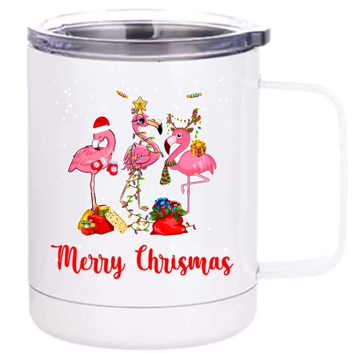 Three Flamingos Merry Christmas Front & Back 12oz Stainless Steel Tumbler Cup