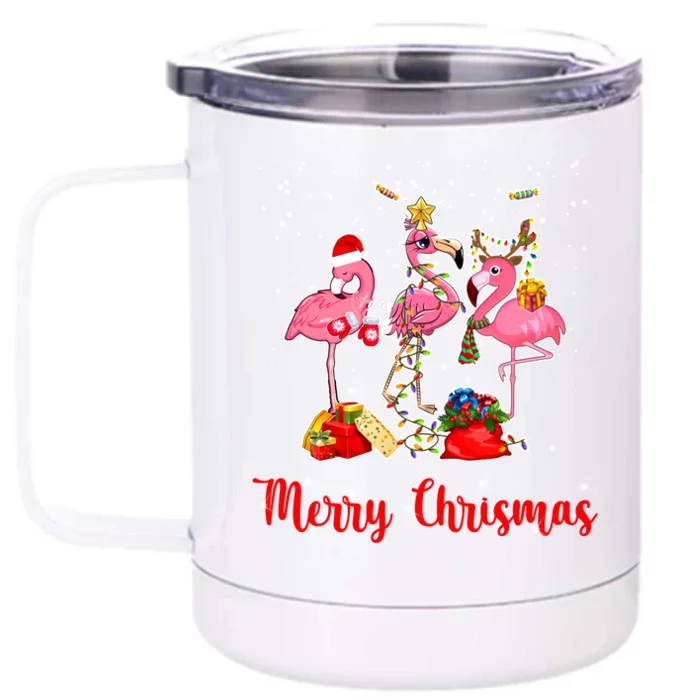 Three Flamingos Merry Christmas Front & Back 12oz Stainless Steel Tumbler Cup