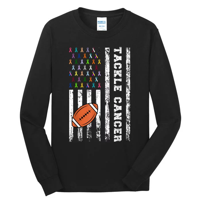 Tackle Football Multicolor Ribbons All Cancer Awareness Tall Long Sleeve T-Shirt