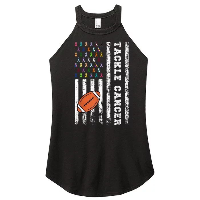 Tackle Football Multicolor Ribbons All Cancer Awareness Women’s Perfect Tri Rocker Tank