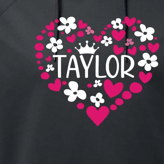 Taylor First Name I Love Taylor Girl Groovy 80s Pink White Performance Fleece Hoodie