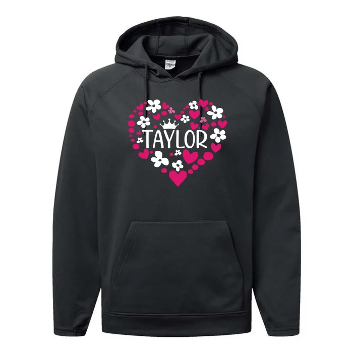 Taylor First Name I Love Taylor Girl Groovy 80s Pink White Performance Fleece Hoodie