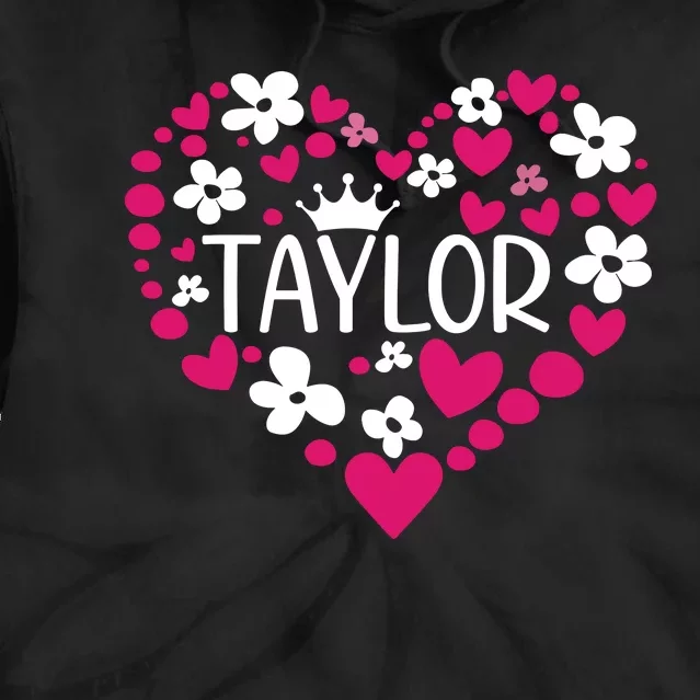 Taylor First Name I Love Taylor Girl Groovy 80s Pink White Tie Dye Hoodie