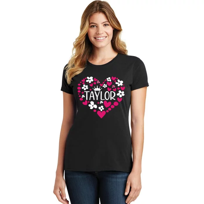 Taylor First Name I Love Taylor Girl Groovy 80s Pink White Women's T-Shirt