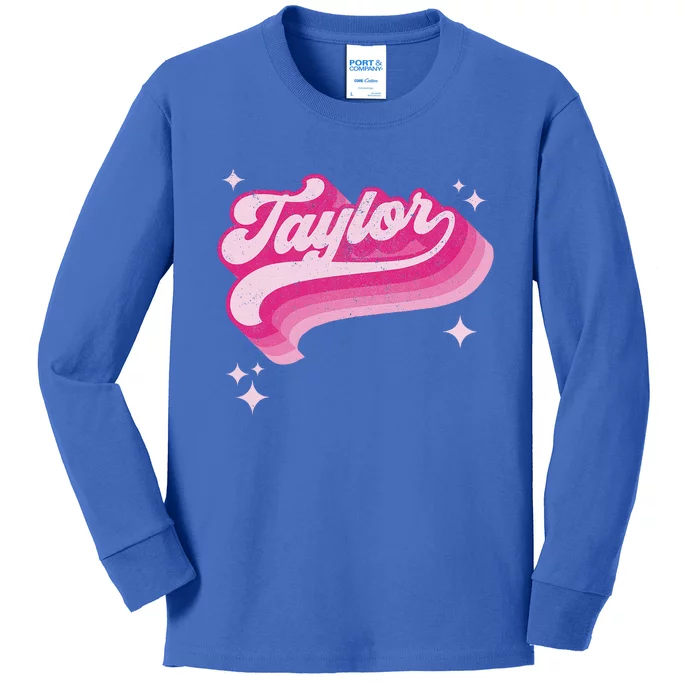 T.aylor First Name Vintage Style 70s Personalized Retro Kids Long Sleeve Shirt